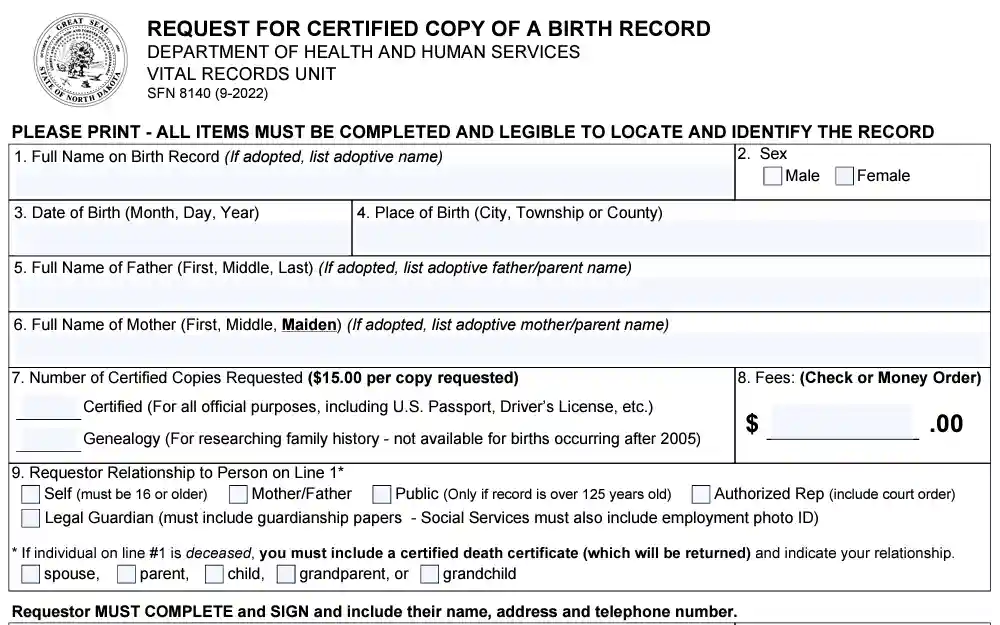 A screenshot of the form used to obtain birth documentation in Burleigh County.
