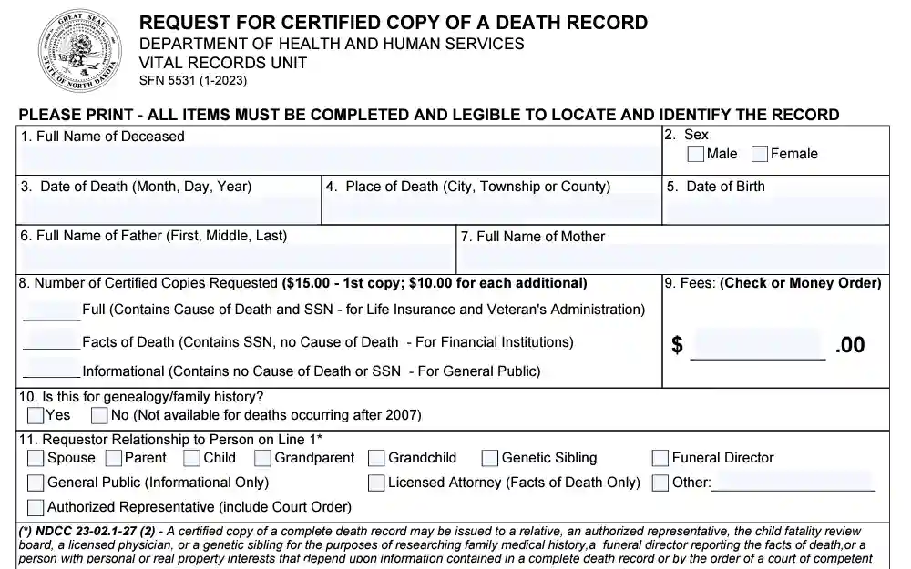 A screenshot of the form used to obtain death documentation in Burleigh County.