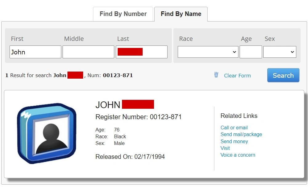 A screenshot of the BOP inmate locator offered by the Federal Bureau of Prisons, where the user can access a database to find a current or formerly incarcerated subject’s historical criminal details at the federal level.