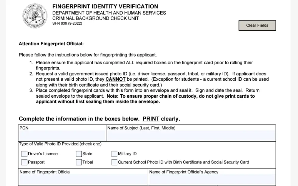 A screenshot of the form used to execute background research in Burleigh County.
