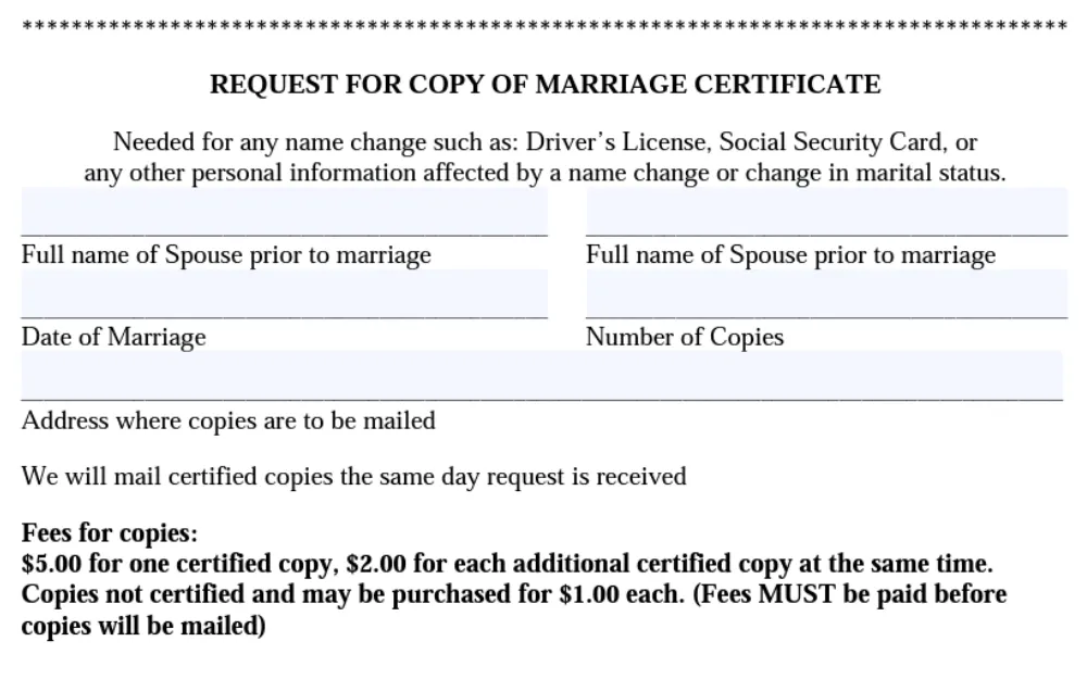 A screenshot of the form to request a certified copy of your marriage document by mail.