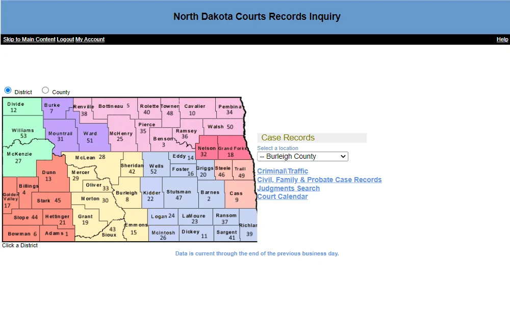 A screenshot of the search tool used to obtain divorce data in North Dakota.