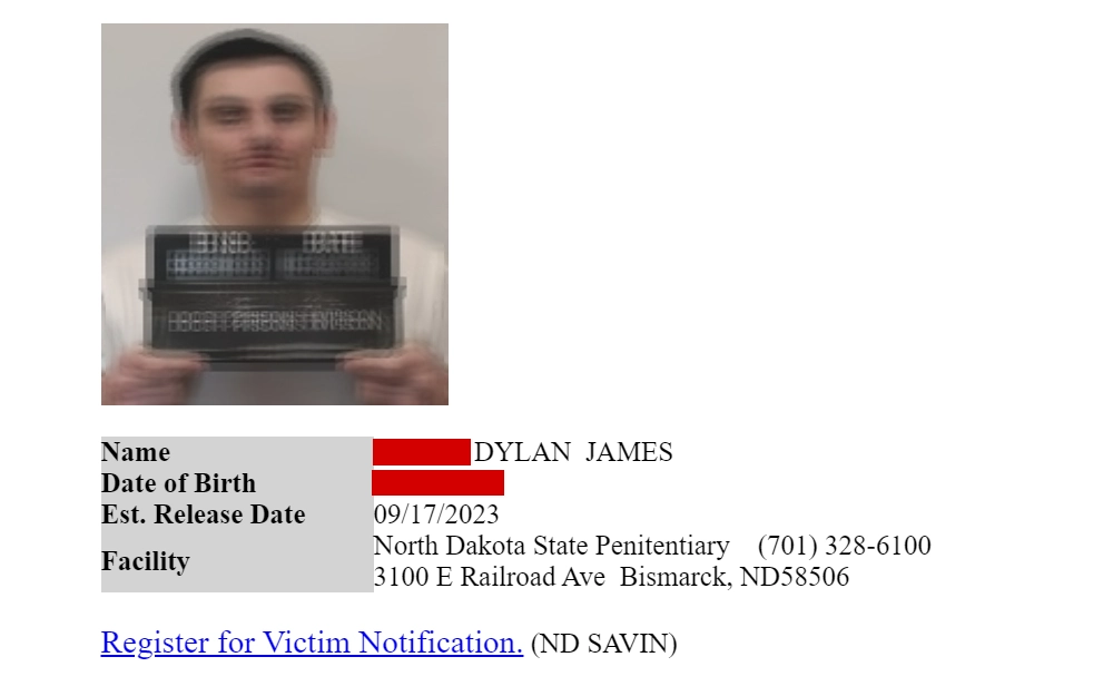 A screenshot of the North Dakota Department of Corrections' Resident Search website the user can utilize to look for a state prisoner.