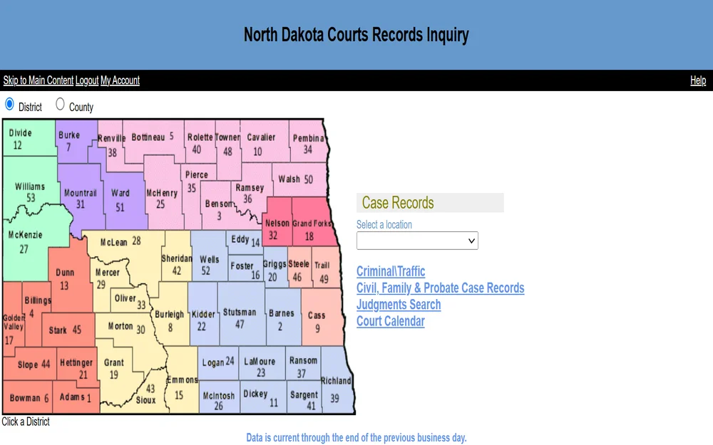 A screenshot of the search tool used to obtain divorce data in North Dakota.